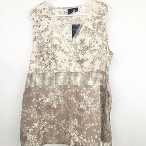 Sonoma NEW Tan Cream Contrast Floral Print Sleeveless Cottagecore Blouse